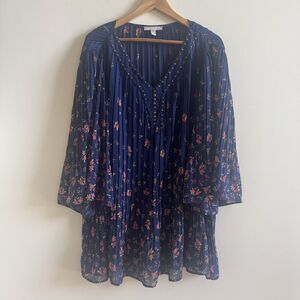 Woman Within Plus Size Blouse 26W 28W Top 2X Embellished Pleated Floral Boho